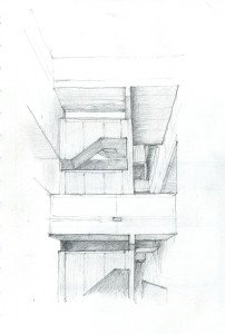 Sketch #4. This is my favorite area of the Salk. The courtyards and stairs that connect the research labs to the scientists' studies.